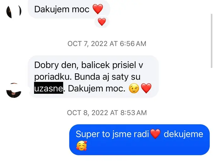 Screenshot zprávy od zákaznice