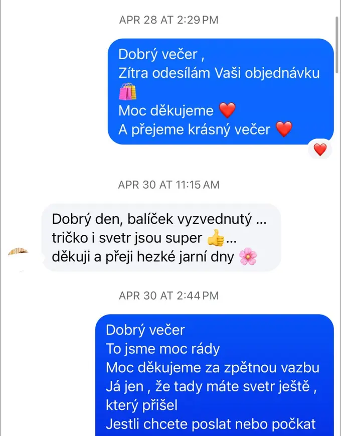 Screenshot zprávy od zákaznice